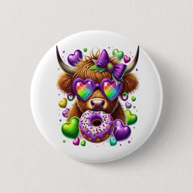 Retro Mardi Gras , Highland Cow 2 Inch Round Button (Front)