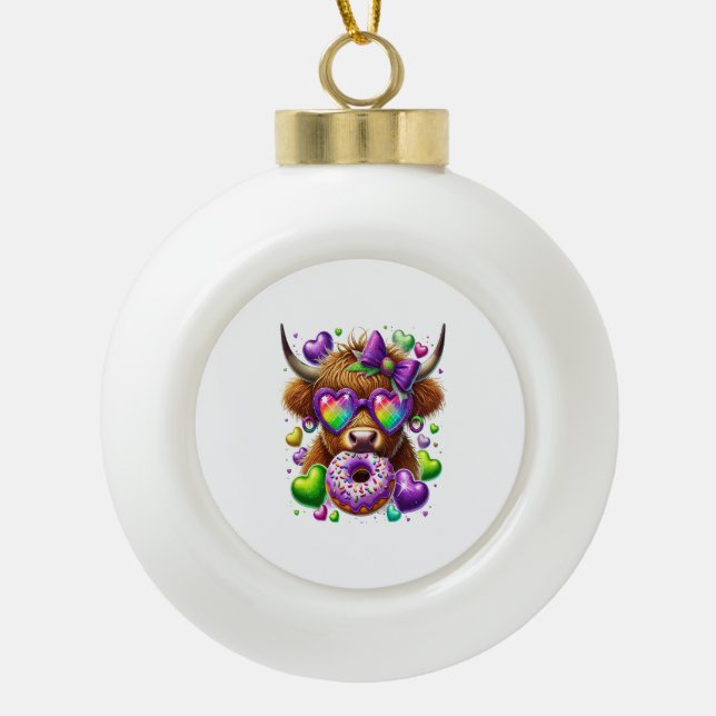 Retro Mardi Gras , Highland Cow Ceramic Ball Christmas Ornament (Front)