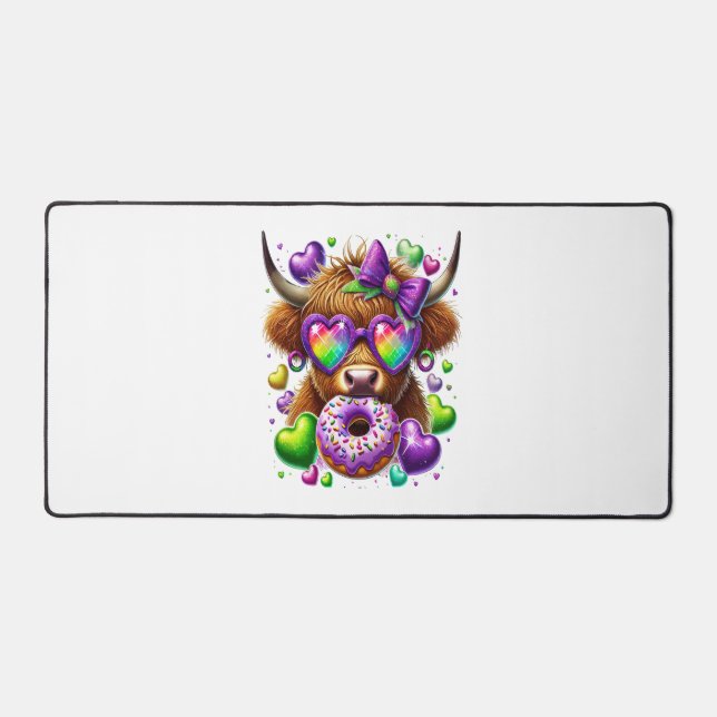 Retro Mardi Gras , Highland Cow Desk Mat (Front)
