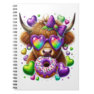 Retro Mardi Gras , Highland Cow Notebook