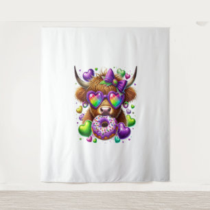 Retro Mardi Gras , Highland Cow Tapestry
