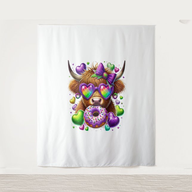 Retro Mardi Gras , Highland Cow Tapestry (Front)