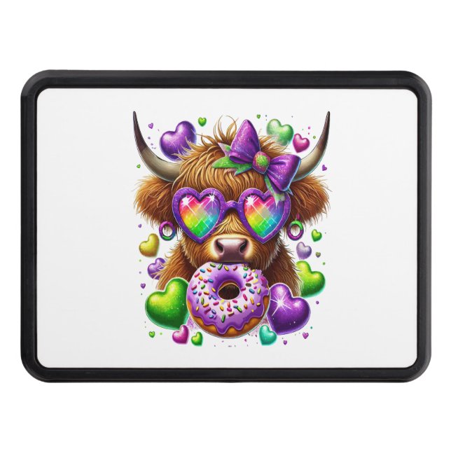 Retro Mardi Gras , Highland Cow Trailer Hitch Cover (Front)