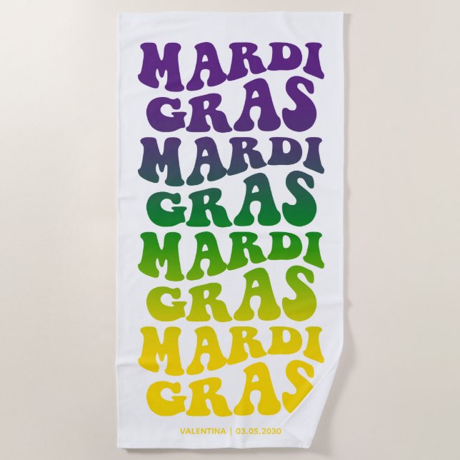 Retro Mardi Gras Ombre Text Beach Towel (Front)