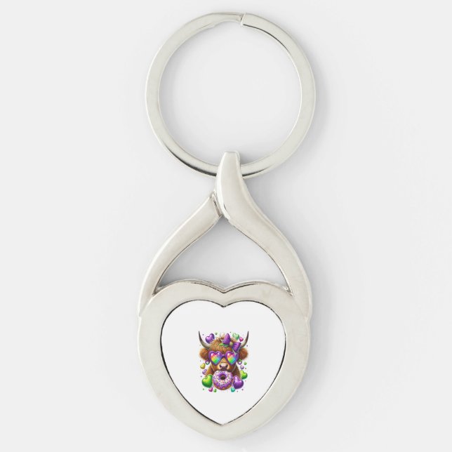 Retro Mardi Gras Png, Highland Cow Keychain (Front)