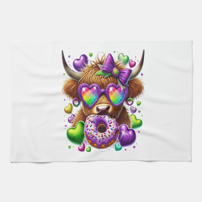 Retro Mardi Gras Png, Highland Cow Kitchen Towel (Horizontal)