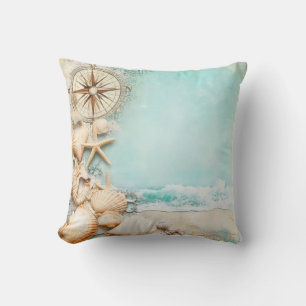 Retro Maritime Beach Scene Throw Pillow