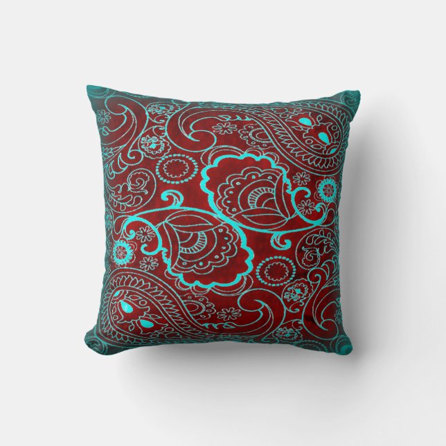 Retro Maroon and Teal Paisley Pattern Throw Pillow (Front)