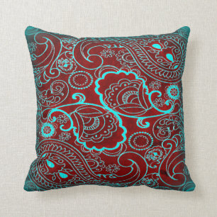 Retro Maroon and Teal Paisley Pattern Throw Pillow
