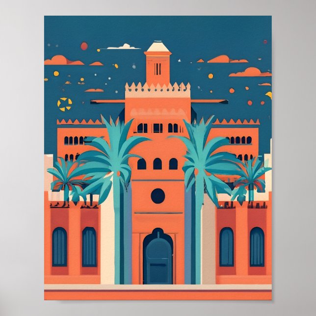 Retro Marrakech Morocco Landscape Flat Vector Art Poster (Front)