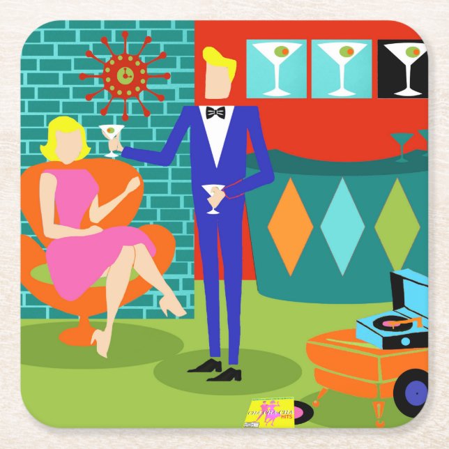 Retro Martini Couple Paper Coaster (Front)