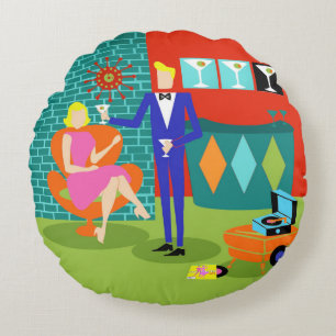 Retro Martini Couple Round Pillow