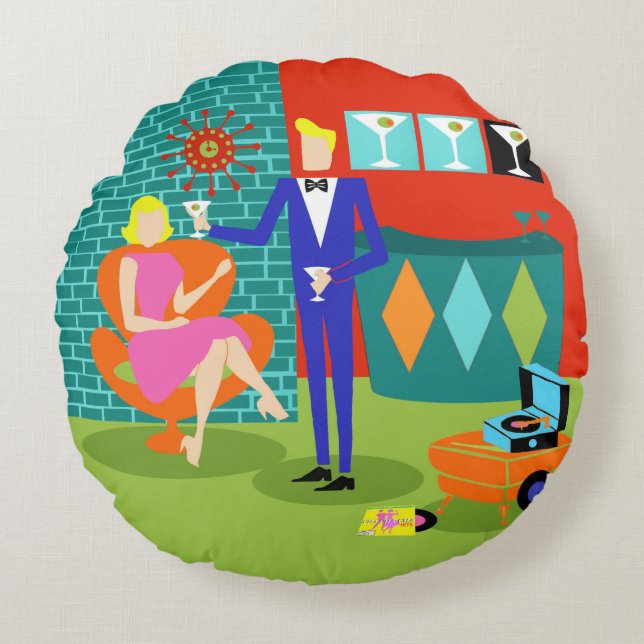 Retro Martini Couple Round Pillow (Front)