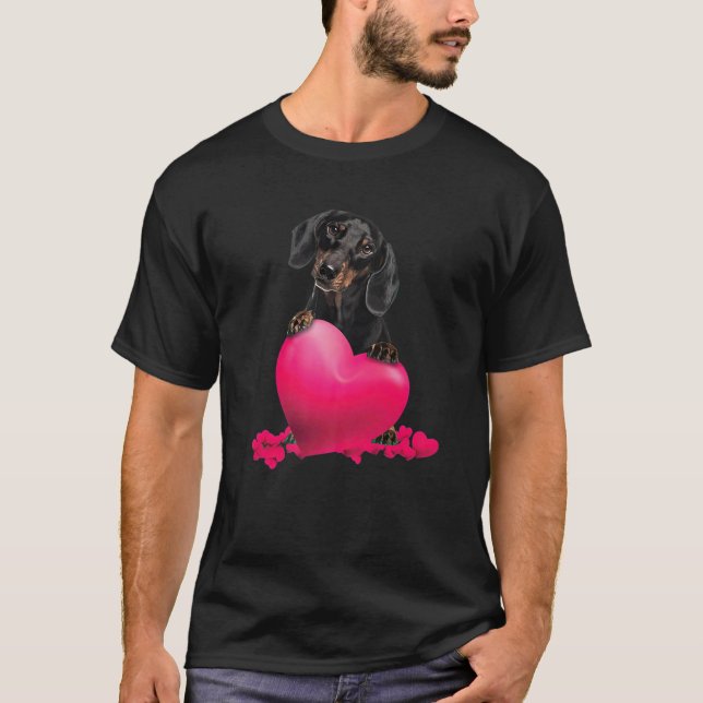 Retro Matching Valentine Day Heart Dachshund Puppy T-Shirt (Front)
