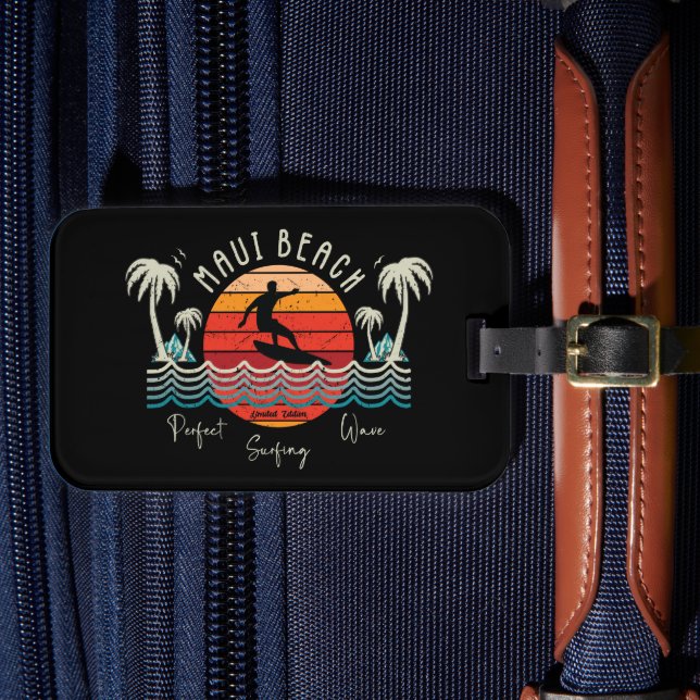 Retro Maui Beach Surfing  Luggage Tag (Front Insitu 4)