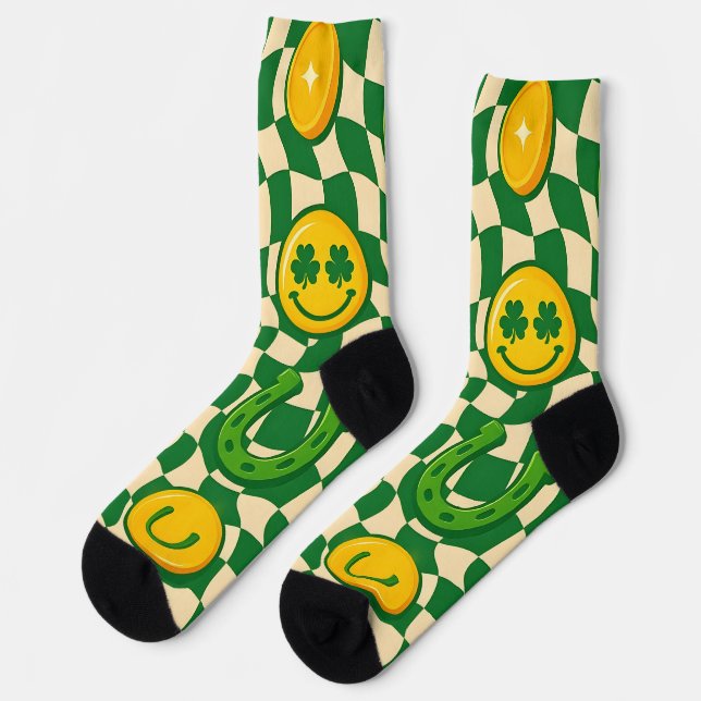 Retro Maximalist Checkerboard St. Patrick's Day  Socks (Left)