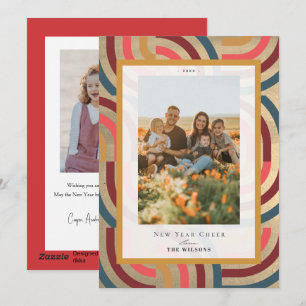 Retro Maximalist Geometric Gold 2 Photo New Year Holiday Card
