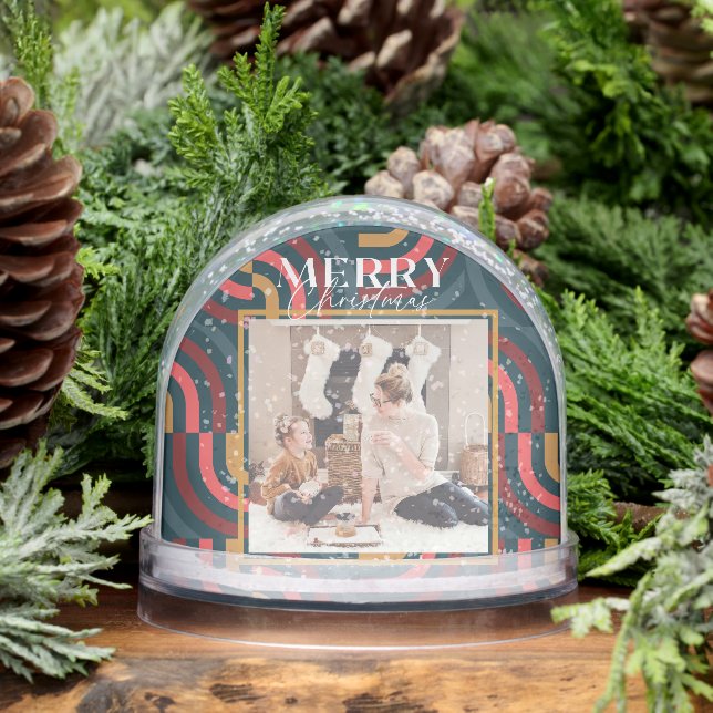 Retro Maximalist Geometric Navy Christmas Photo Snowglobe (Winter)