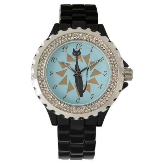 Retro MCM 1950s 1960s Atomic Era Cat on Aqua Watch (Front)