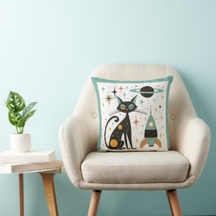 Retro MCM Black Cat Spaceship Planet Stars Throw Pillow