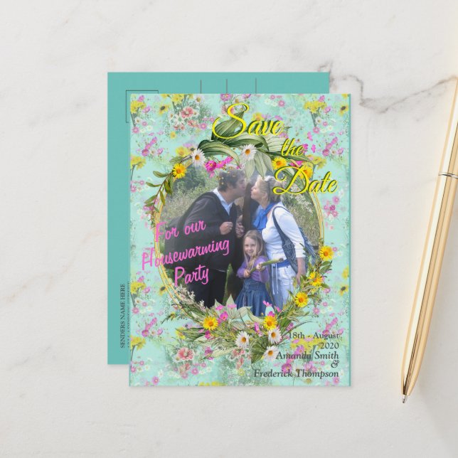 Retro Meadow Field Flowers Announcement Postcard (Front/Back In Situ)