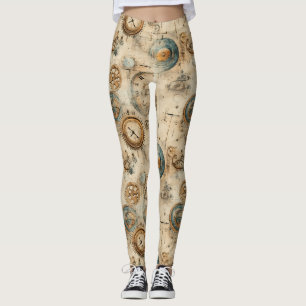 Retro Mechanical Blueprint Sepia Brown Leggings