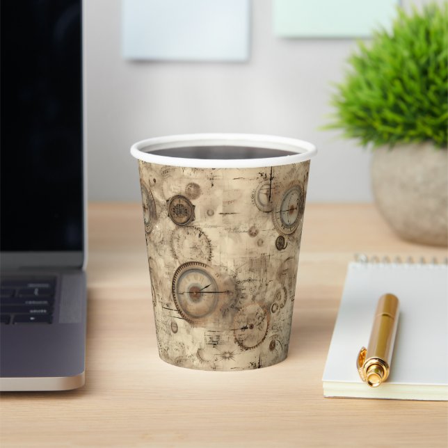 Retro Mechanical Blueprint Sepia Brown Paper Cups (Insitu)