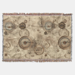Retro Mechanical Blueprint Sepia Brown Throw Blanket