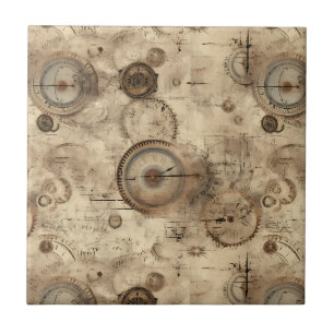 Retro Mechanical Blueprint Sepia Brown Tile
