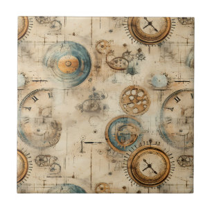 Retro Mechanical Blueprint Sepia Brown Tile