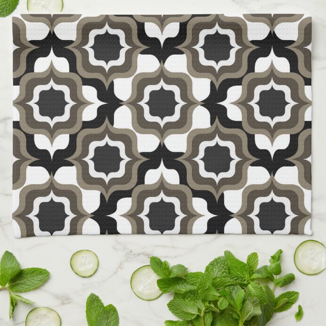 Retro Mediterranean Tiling Black White Grey Kitchen Towel (Folded)