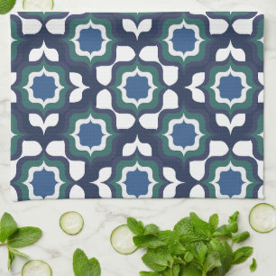 Retro Mediterranean Tiling Navy Blue White Kitchen Towel
