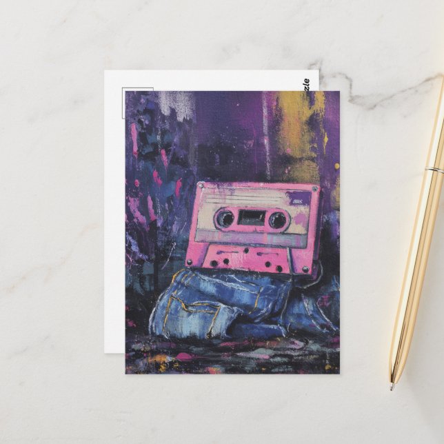 Retro Memories Denim and Cassette Tape Postcard (Front/Back In Situ)