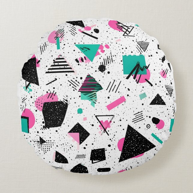 Retro Memphis Geometric Pattern Round Pillow (Front)