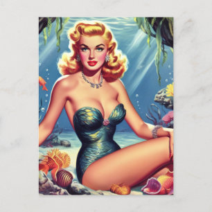 Retro Mermaid Pin Up Postcard