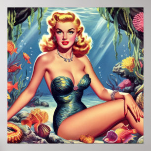 Retro Mermaid Pin Up Poster