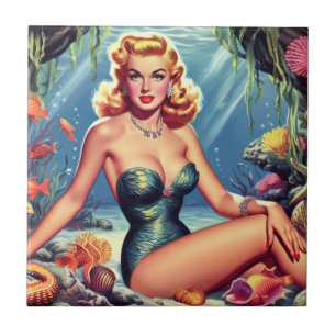 Retro Mermaid Pin Up Tile