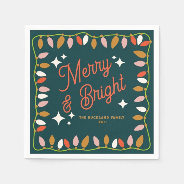 Retro Merry and Bright Christmas Lights Green Napkin (Front)