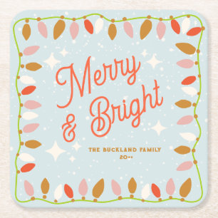 Retro Merry and Bright Christmas Lights Square Paper Coaster
