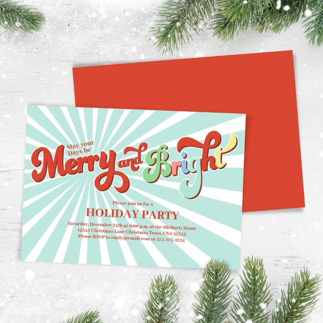 Retro Merry and Bright Christmas Party Invitation (Merry and Bright retro typography script Christmas party invitation. )
