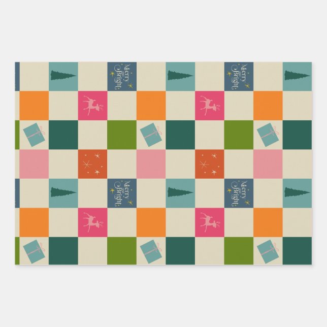 Retro Merry and Bright Christmas Wrapping Paper (Front)
