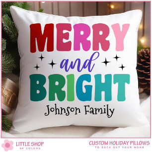 Retro Merry and Bright Customizable Name Christmas Throw Pillow