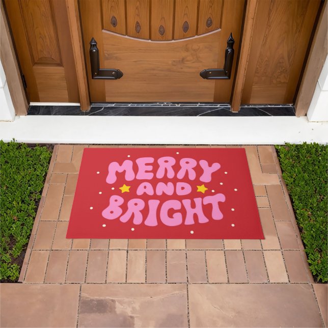 Retro Merry and Bright Holiday Design Doormat (Outdoor)