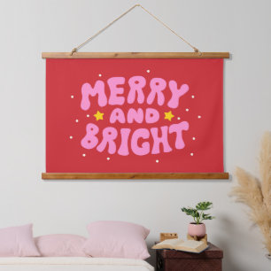 Retro Merry and Bright Holiday Design Hanging Tapestry