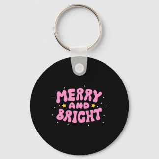Retro Merry And Bright Holiday Design Keychain