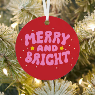 Retro Merry and Bright Holiday Design Metal Ornament