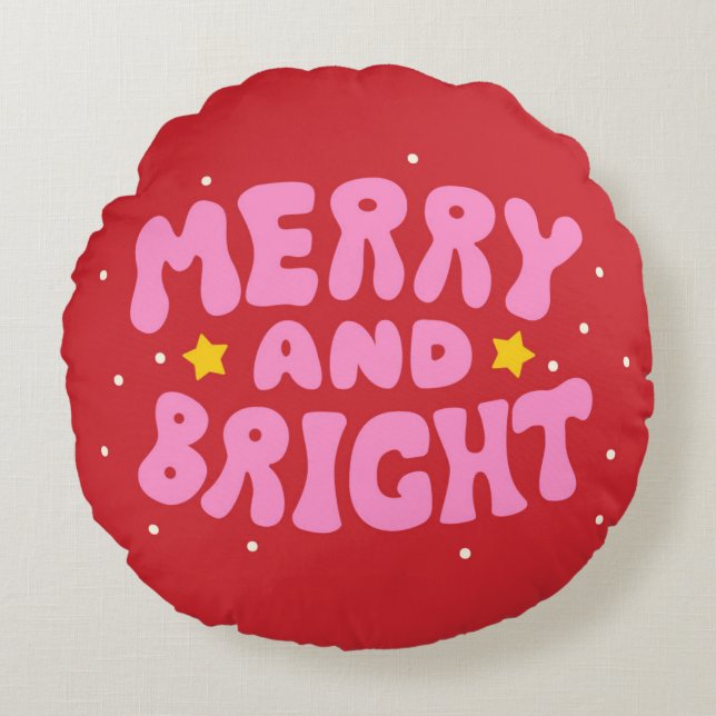 Retro Merry and Bright Holiday Design Round Pillow (Front)