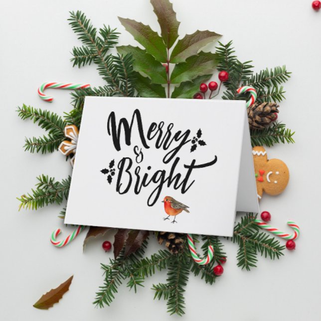 Retro Merry And Bright Red Robin Minimalist Typo Holiday Card (Creator Uploaded)