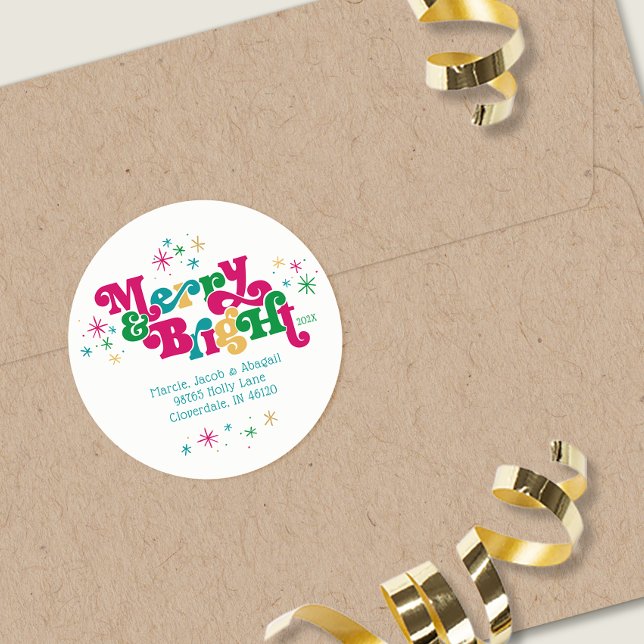 Retro Merry & Bright  Classic Round Sticker (Creator Uploaded)