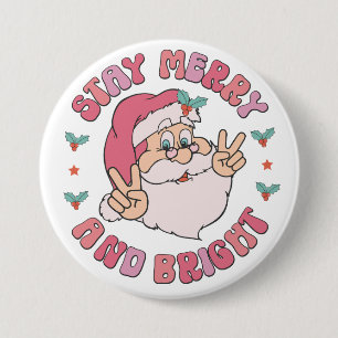 Retro Merry & Bright Santa 3 Inch Round Button